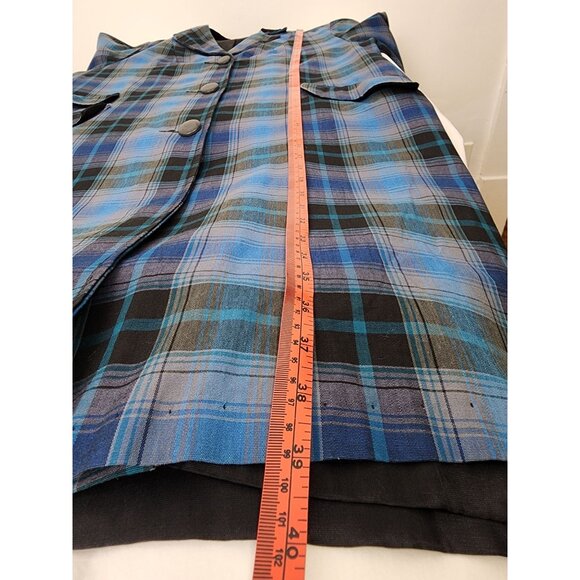 Vtg 60s Blue Shadow Plaid Lightweight Long Coat Black Velvet Collar Union Made - Picture 5 of 15